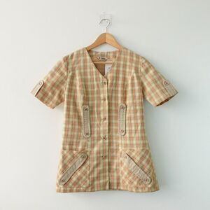 80s Plaid Short Sleeve Shirt M VINTAGE Beige Wool Button Up Tartan Career TERGAL